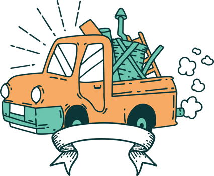 banner with tattoo style truck carrying junk png