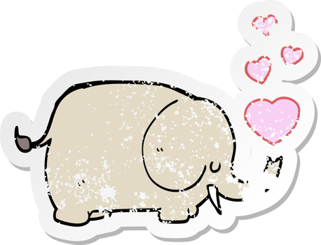 distressed sticker of a cute cartoon elephant with love hearts png