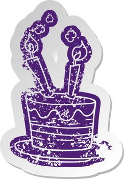 distressed old sticker of a birthday cake png