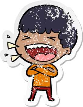 distressed sticker of a cartoon laughing man png