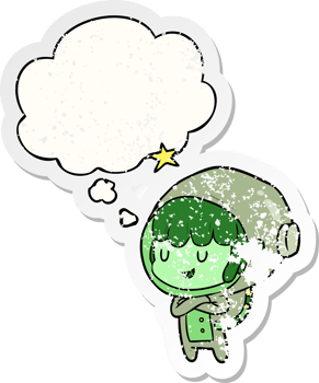 cartoon space girl and thought bubble as a distressed worn sticker png
