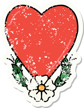 traditional distressed sticker tattoo of a heart and flower png