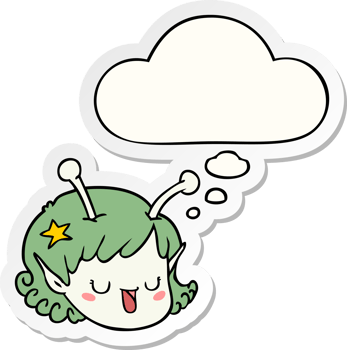 cartoon alien space girl face and thought bubble as a printed sticker png