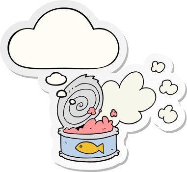 cartoon smelly can of fish and thought bubble as a printed sticker png
