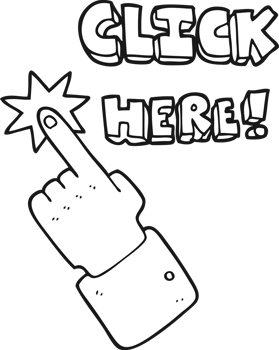 black and white cartoon click here sign with finger png