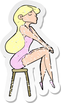 retro distressed sticker of a cartoon woman sitting on stool png