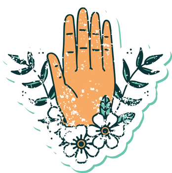 distressed sticker tattoo style icon of a hand and flower png