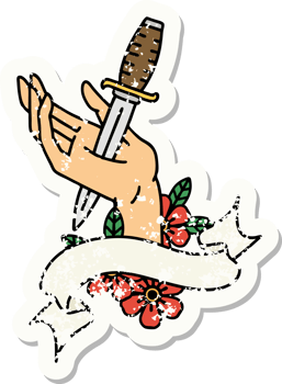 grunge sticker with banner of a dagger in the hand png