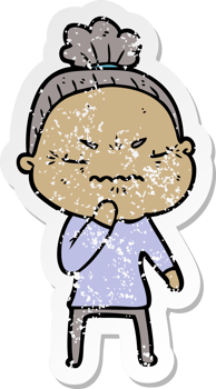 distressed sticker of a cartoon annoyed old lady png