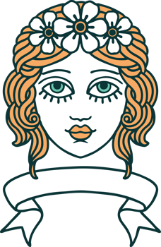 tattoo with banner of female face with crown of flowers png