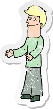 retro distressed sticker of a cartoon man shrugging shoulders drawing png