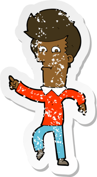 retro distressed sticker of a cartoon man pointing png