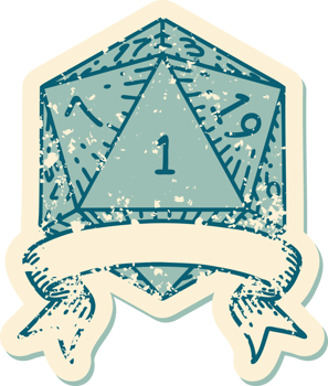 Retro Tattoo Style natural one d20 dice roll png