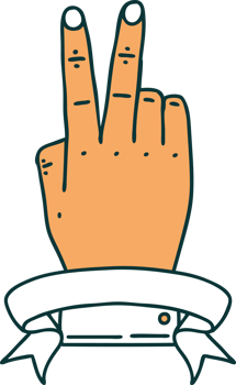 Retro Tattoo Style victory v hand gesture with banner png