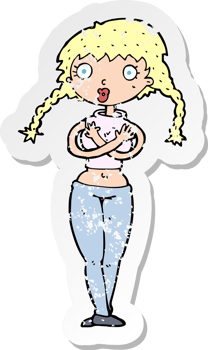 retro distressed sticker of a cartoon offended woman covering herself drawing png