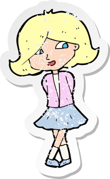 retro distressed sticker of a cartoon happy girl drawing png