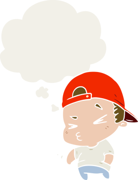 cartoon cool kid with thought bubble in retro style png