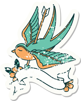 grunge sticker with banner of a swallow pieced by arrow png