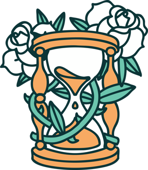 tattoo style icon of an hour glass and flowers png