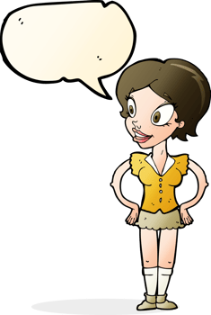 cartoon happy woman in short skirt with speech bubble png