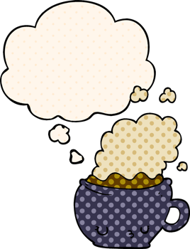 cute cartoon coffee cup and thought bubble in comic book style png