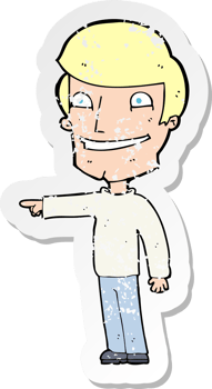 retro distressed sticker of a cartoon happy man pointing drawing png
