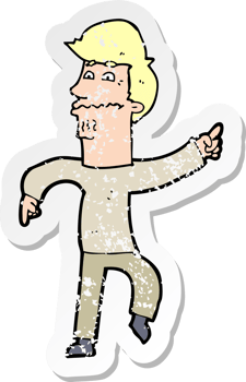 retro distressed sticker of a cartoon worried man pointing drawing png