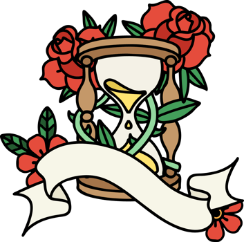 traditional tattoo with banner of an hour glass and flowers png