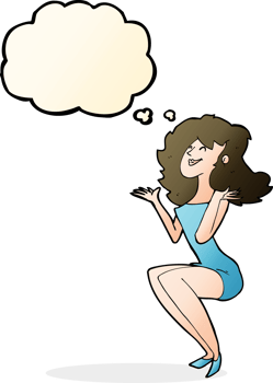 cartoon attractive woman sitting with thought bubble png