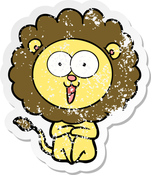 distressed sticker of a happy cartoon lion png