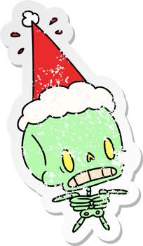 hand drawn christmas distressed sticker cartoon of kawaii skeleton png