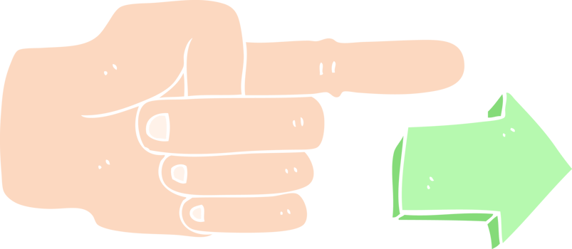 flat color illustration of a cartoon pointing hand with arrow png