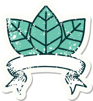 worn old sticker with banner of leaf png