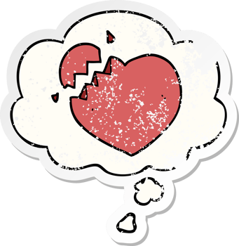 cartoon broken heart with thought bubble as a distressed worn sticker png