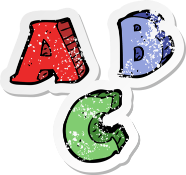 retro distressed sticker of a cartoon ABC letters drawing png