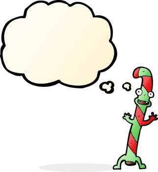 cartoon dancing christmas candy cane with thought bubble png