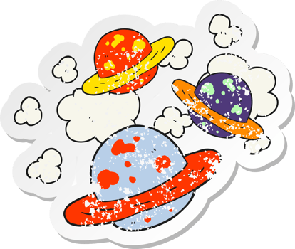 retro distressed sticker of a cartoon planets png