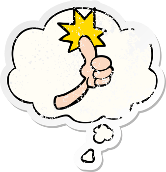 cartoon thumbs up sign and thought bubble as a distressed worn sticker png