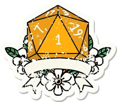 natural one d20 dice roll grunge sticker png