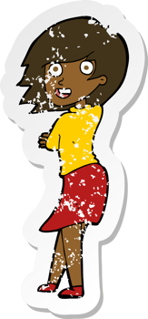 retro distressed sticker of a cartoon happy woman png