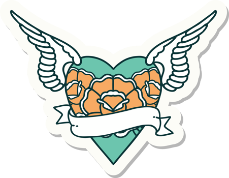 tattoo style sticker of a heart with wings flowers and banner png