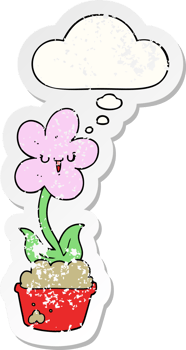 cute cartoon flower and thought bubble as a distressed worn sticker png