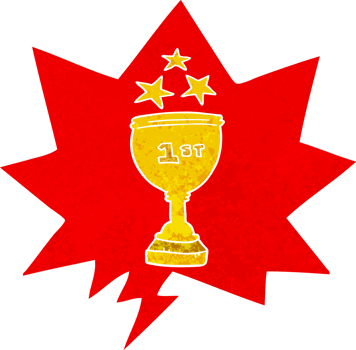cartoon sports trophy and speech bubble in retro textured style png