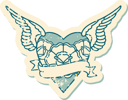 distressed sticker tattoo style icon of a heart with wings flowers and banner png