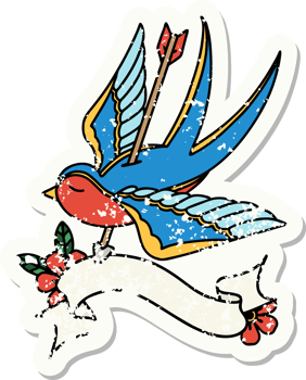 grunge sticker with banner of a swallow pieced by arrow png