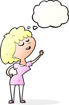 cartoon happy woman about to speak with thought bubble png