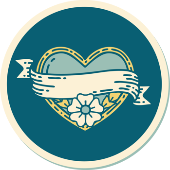 sticker of tattoo in traditional style of a heart and banner with flowers png