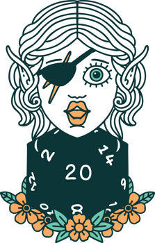 Retro Tattoo Style elf rogue character with natural twenty dice roll png