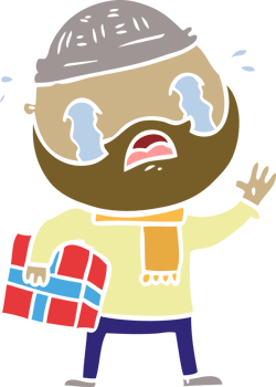 flat color style cartoon bearded man crying with christmas present png