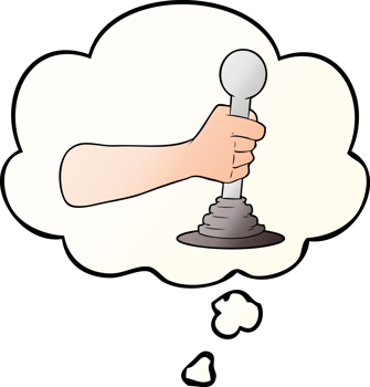 cartoon hand pulling lever with thought bubble in smooth gradient style png